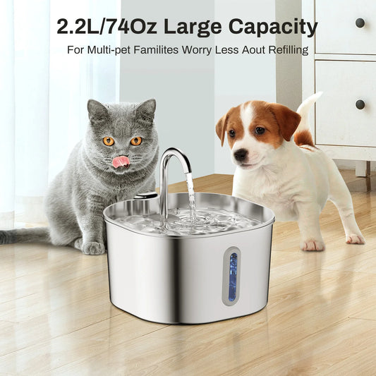 Fontaine à Eau Automatique pour Chat 2,2L - Distributeur d'Eau en Acier Inoxydable avec Fenêtre pour Chien et Chat